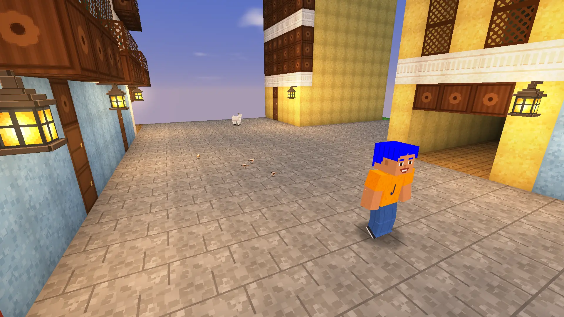 A street in the old city in the game, with painted houses and lanterns